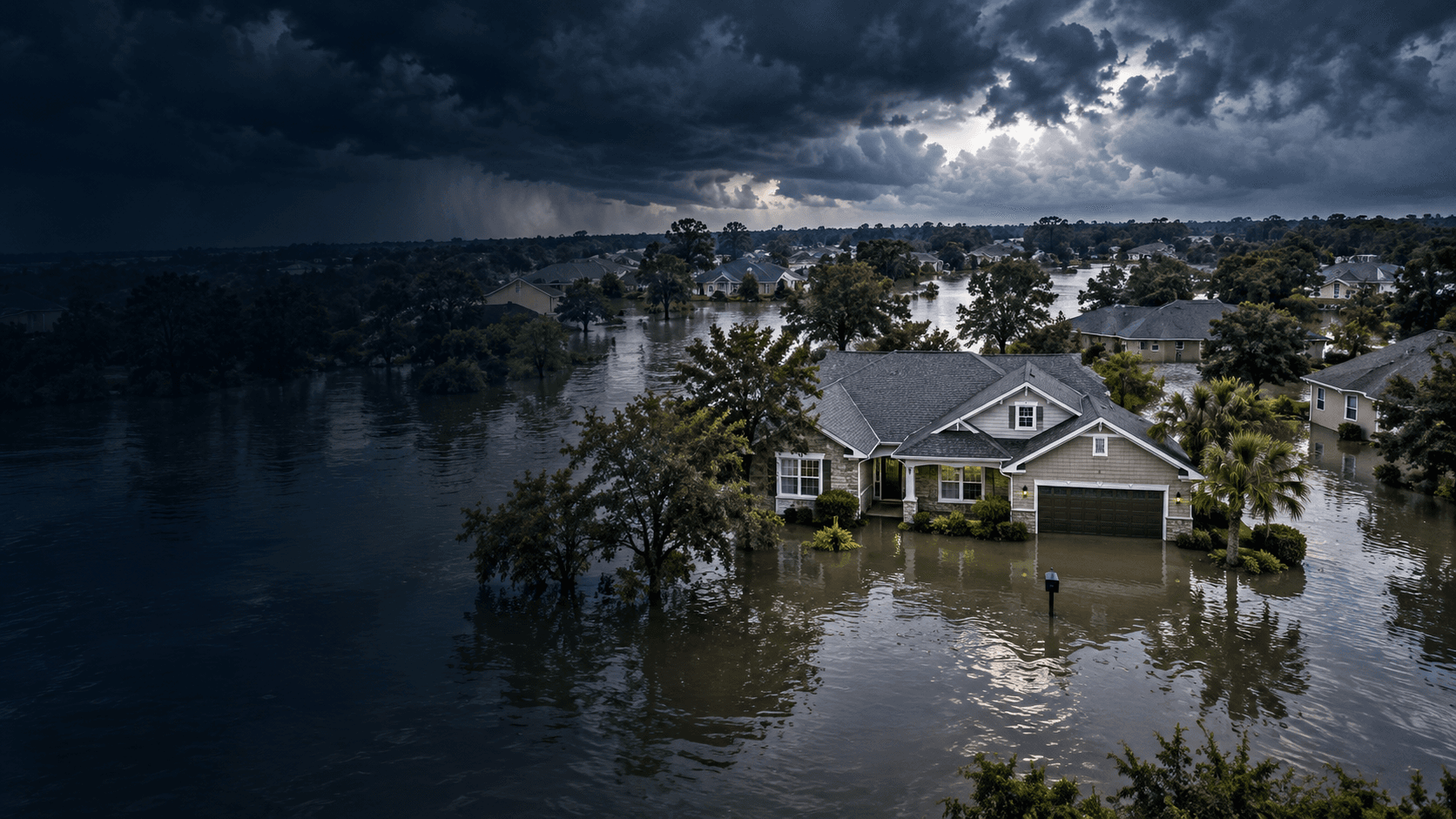 A flooded home and neighborhood beneath a severe storm